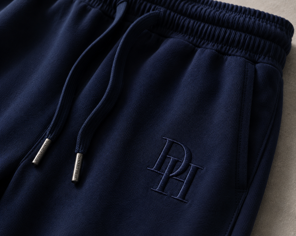 Close-up of the DH monogram and tipped drawcords on the navy Foundation Sweatpant