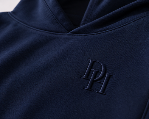 Close-up of the embroidered DH monogram on the navy Foundation Hoodie