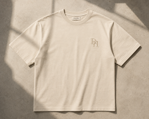 Foundation Tee in bone, front view with embroidered DH monogram