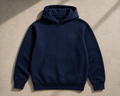 Foundation Hoodie in navy, flat lay with embroidered DH monogram