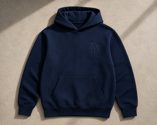 Foundation Hoodie in navy, flat lay with embroidered DH monogram